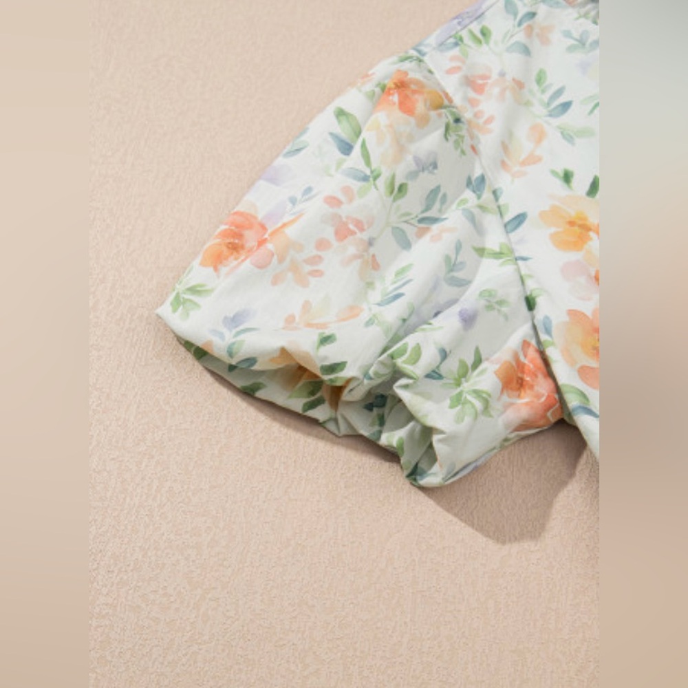 Beige Floral Print Shirred High Waist Puff Sleeve Mini Dress - Picture 4 of 9
